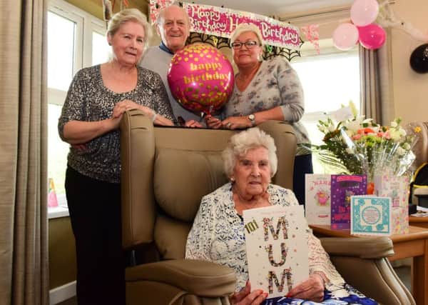 101-year-old Minnie Nichol, of Rossmere Park Care Centre, with daughter Dorothy Robinson and her husband Eric and granddaughter Wendy Horsley.