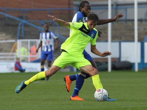 James Butler in action against Hartlepool United in the FA Cup for Kidsgrove Athletic.