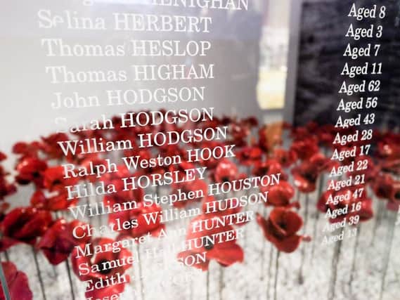 The names of victims of the 1914 Bombardment of the Hartlepools etched into glass.