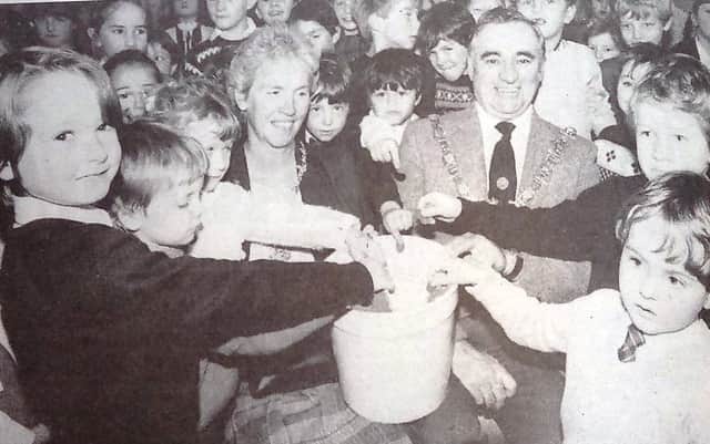 St Teresa's Primary School students with the Mayor and Mayoress of Hartlepool, Coun and Mrs Mick Lennon, in November 1984.