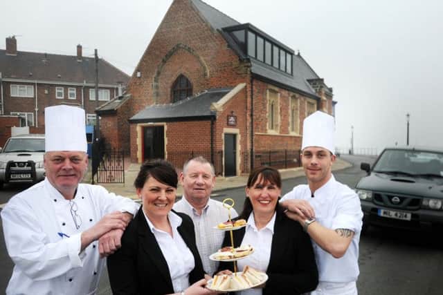 John O Connor (centre) pictured with staff after the opening of  Mary Rowntree's business, (left to right) Paul Noble, Tracy Andrews, Daphne O Connor and Dennis Swales.