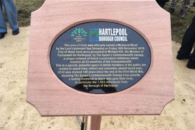 A plaque explaining about Hartlepool's invlvement in the Queen's Commonwealth Canopy initiative.