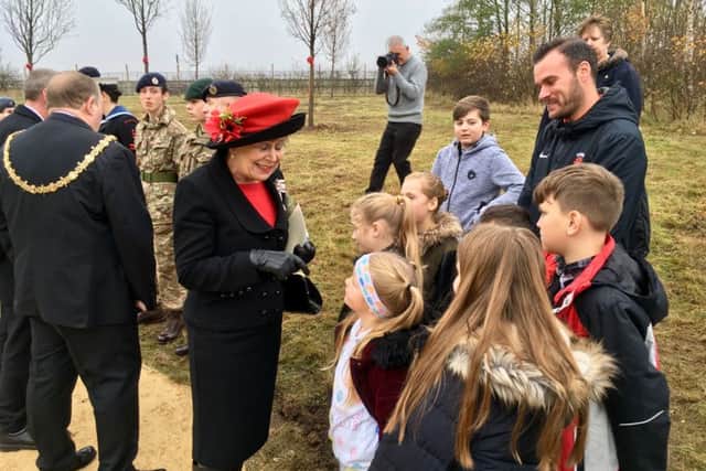 Sue Snowdon, County Durham Lord Lieutenant, speaks to pupils from Rift House Primary School who planted a a tree at the Queen's Commonwealth Canopy tree planting ceremony.