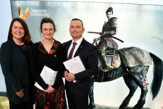 From left, Ellen Thinnesen, principal and chief executive of Hartlepool Sixth Form College and Sunderland College, Alison Brown, associate dean (marketing and recruitment) in Teesside Universitys School of Computing, Media & the Arts and Mark Hughes, head of Hartlepool Sixth Form College.