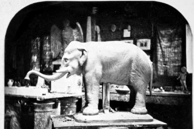 The Elephant being sculptured at the Royal Doulton Pottery. Now on corner of Fawcett St and High St West.