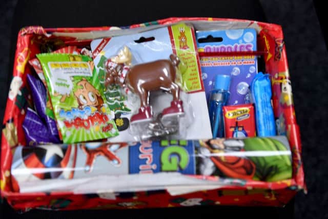 One of the Christmas shoeboxes for a boy.