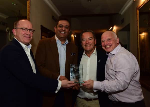 Outstanding Contribution Award winners. Left to right; chief executive Mark MaGuire, chairman Raj Singh, club president Jeff Stelling and board member Ian Scobbie from Hartlepool United.