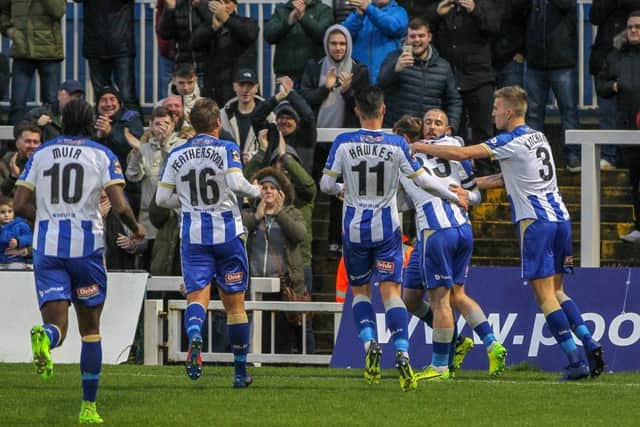 Hartlepool United's Liam Noble celebrates with his team mates after scoring from the penalty spot during the Vanarama National League match between Hartlepool United and Dagenham and Redbridge at Victoria Park, Hartlepool on Saturday 1st December 2018. (Credit: Mark Fletcher | Shutter Press)
Â©Shutter Press
Tel: +44 7752 571576
e-mail: markf@mediaimage.co.uk
Address: 1 Victoria Grove, Stockton on Tees, TS19 7EL