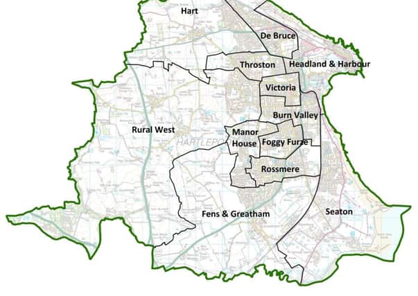 The  Local Government  Boundary Commission's proposed new 12 ward boundaries for Hartlepool.