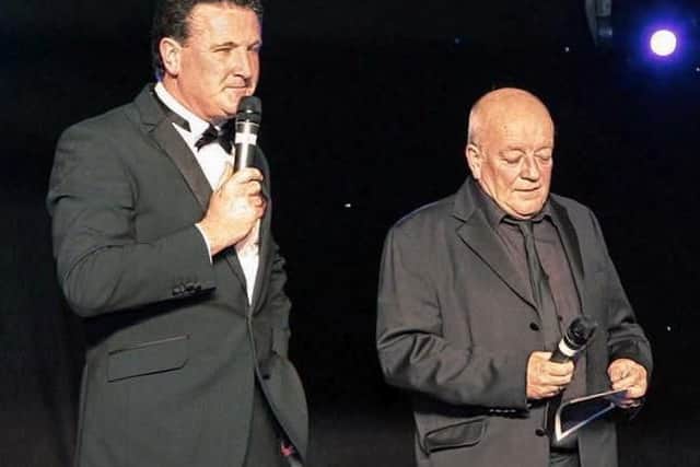 Tim Healy, right, on stage with Hartlepool presenter Paul Gough.