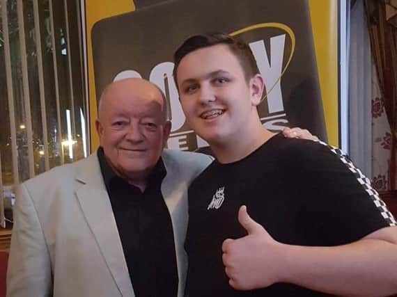 Actor Tim Healy with Hartlepool's Daniel Cooper.