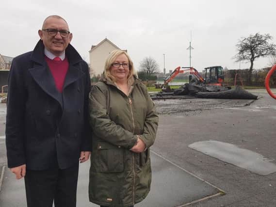 Councillors Jim Lindridge and Ann Marshall pictured where work is under way on the site of the old toddler play area in Rossmere Park.