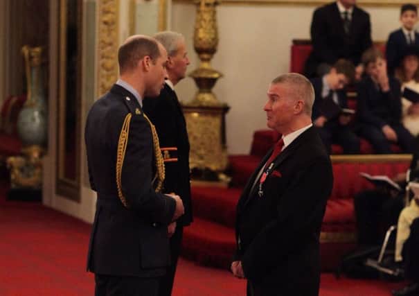 Alby Pattison from Hartlepool is made an MBE (Member of the Order of the British Empire) by the Duke of Cambridge during an investiture ceremony at Buckingham Palace. Picture: Yui Mok/PA Wir