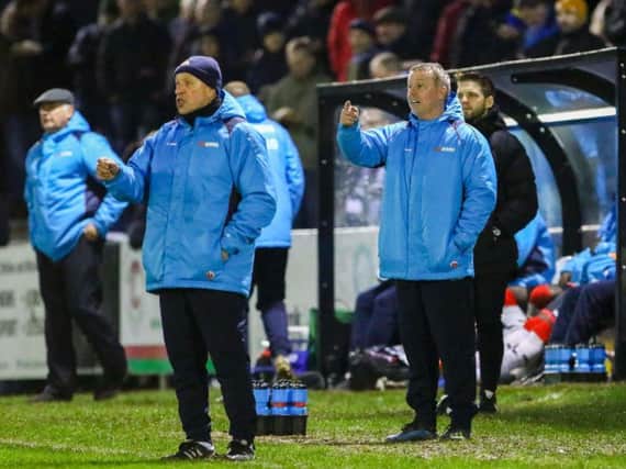 Ged McNamee and Craig Hignett pictured during Hartlepool United's 1-0 win over Maidenhead United.