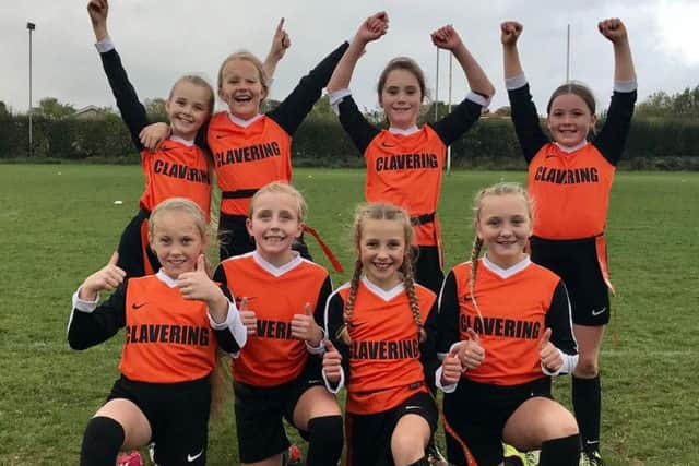 Clavering Primary School girl's tag rugby team.