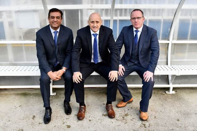 Hartlepool United chairman Raj Singh, manager Richard Money and chief executive Mark Maguire.