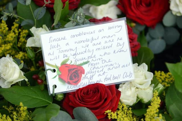 Message on flowers from Middlesbrough FC at funeral of Tommy Johnson at All Saints Church, Stranton.