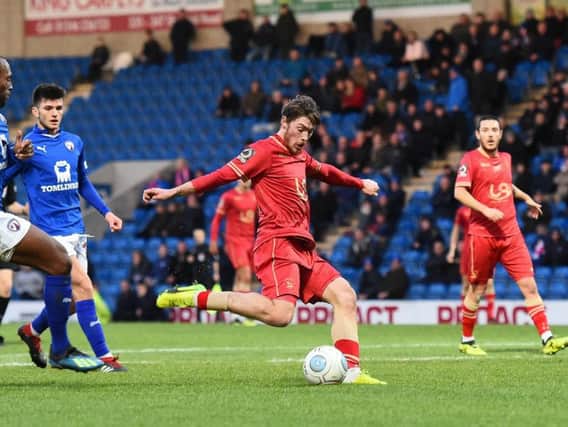 Luke James scores for Pools for only the second time this season at Chesterfield yesterday.