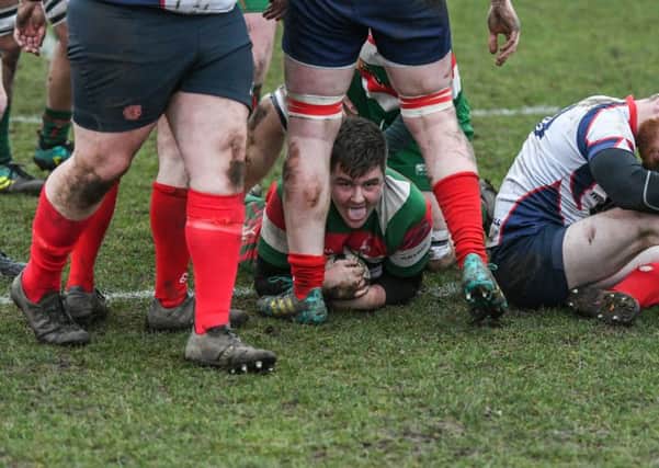 West hartlepool RFC (red/green/white) v Northern (white) at Brinkburn, Hartlepool, on Saturday. West try