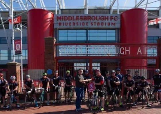 Marc Hall with the cyclists at Middlesbrough Riverside Stadium. Picture by Andrew Gill during 2018's bike ride.