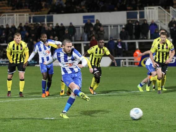 Hartlepool's Liam Noble scores a penalty earlier this season - one of EIGHT he's netted since the summer. (via Shutterpress)