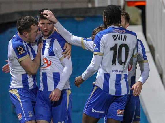 Paddy McLaughlin is congratulated after scoring Pools' winner against former club Gateshead on New Year's Day. (via Shutterpress)