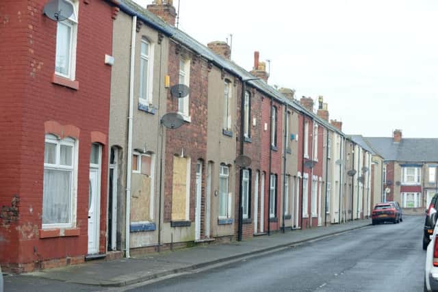 Numerous houses are boarded up or empty in Devon Street, Hartlepool