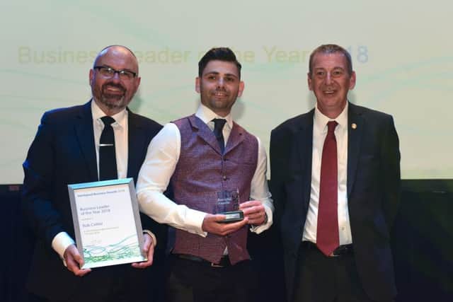 Businesss Leader of the Year award winner Rob Collier (centre) of Advanced Retail Solutions at the Hartlepool Business Awards 2018, with Andrew Steel (left)  and Hartlepool MP Mike Hill (right).