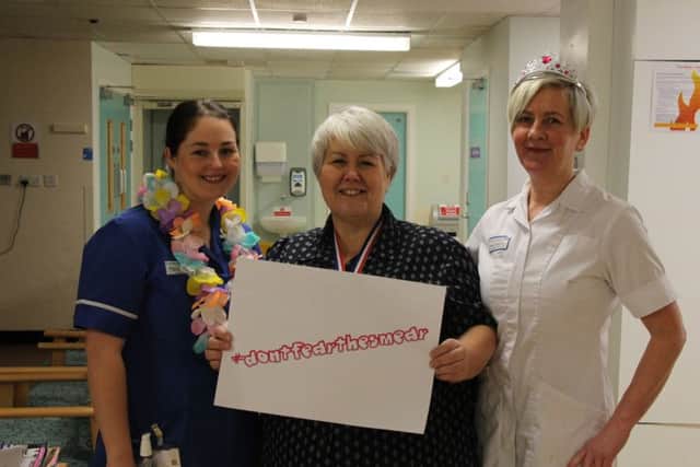 Staff at the North Tees and Hartlepool NHS Foundation Trust promote the  #dontfearthesmear campaign.