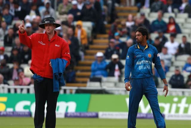 Sri Lanka's Sachithra Senanayake appeals to Michael Gough for the wicket of England's Jos Buttler during a one-day international at Edgbaston, Birmingham, in 2014.