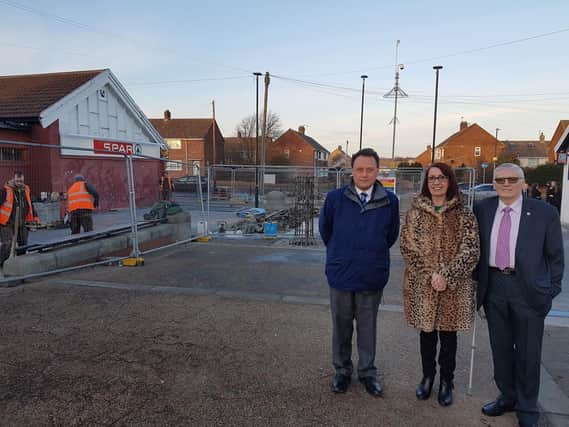 Councillor Rob Cook, Chair of the Councils Planning Committee (right),and his fellow De Bruce Ward councillors Stephen Thomas and Brenda Harrison at the site of the work at King Oswy Shops, Hartlepool.