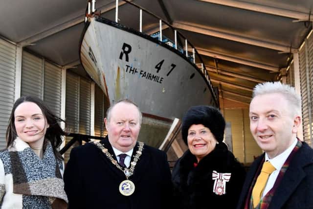 Roslyn Adamson, general manager of The National Museum of The Royal Navy,  Councillor Alan Barclay, Mayor of Hartlepool, Sue Snowdon, County Durham Lord Lieutenant with Councillor Christopher Akers-Belcher, leader of Hartlepool Borough Council.
