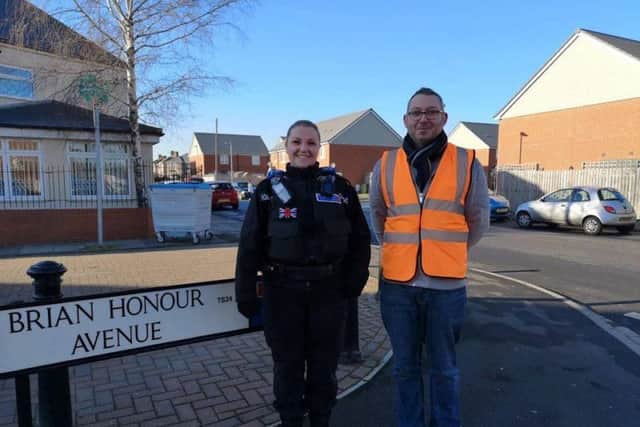 PCSO Vanessa Hocking and Coun John Tennant find out about issues in the area.