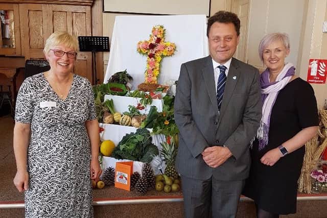 From left, The Reverend Cath Thompson, of the Church of the Nazarene, Councillor Stephen Thomas, Chair of Hartlepool Borough Council's Adult and Community Based Services Committee, and Caroline Ryder-Jones, from Dementia-Friendly Hartlepool, at a Dementia Friendly Harvest Festival.