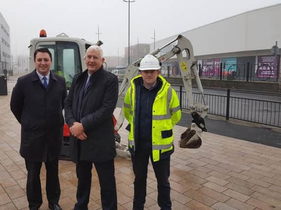 From left, Tees Valley Mayor Ben Houchen, Councillor Kevin Cranney, Chair of Hartlepool Borough Councils Regeneration Services Committee, and Chris Byrne, Contracts Manager for Seymour Civil Engineering, pictured in Stockton Street, where the work will start next week.