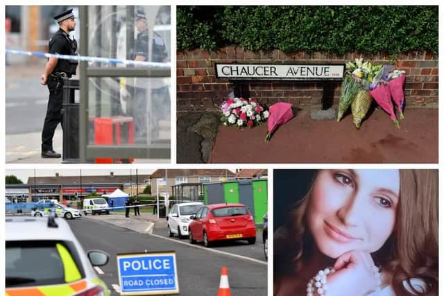 A collage of pictures showing victim Kelly Franklin, the scene of her murder and floral tributes.