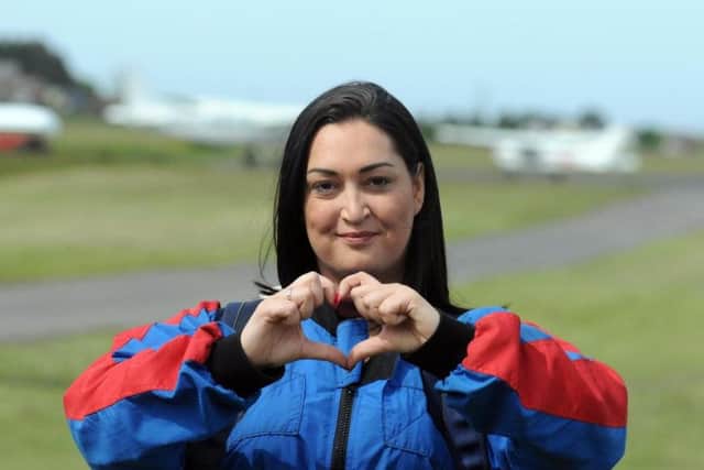 Gemma Lowery taking part in a charity skydive in her son's memory last year.
