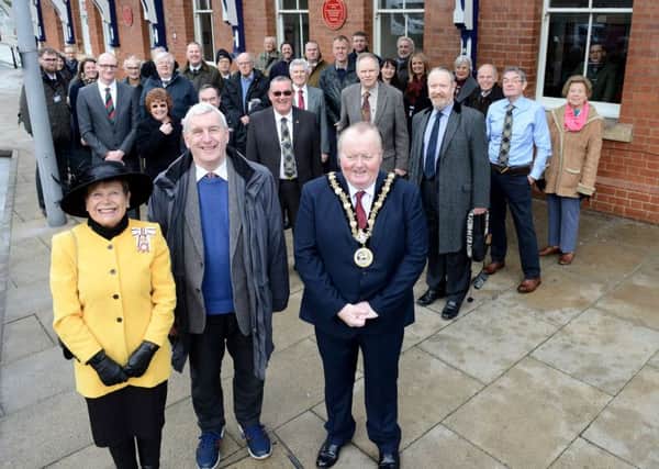 Sue Snowdon the Lord-Lieutenant of County Durham, The Mayor of Hartlepool Councillor Alan Barclay along with Rob Shorland-Ball  the Vice Chair of The Transport Trust and invited guests photographed after the unveiling of 2 Red Wheels at Hartlepool Rail Station. Picture by FRANK REID