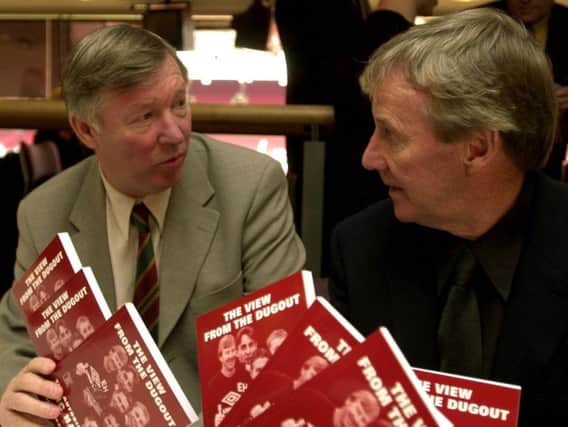 Former Pools player Eric Harrison, who has died at the age of 81, with Manchester United legend Sir Alex Ferguson.