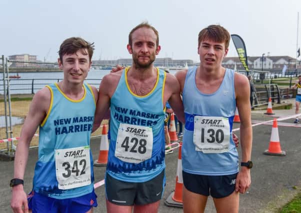 The top competitors in last year Hartlepool Marina 5-mile road race, from left, third-placed Dean Newton, winner Dominic Shaw and runner-up Josh Cowperthwaite.
