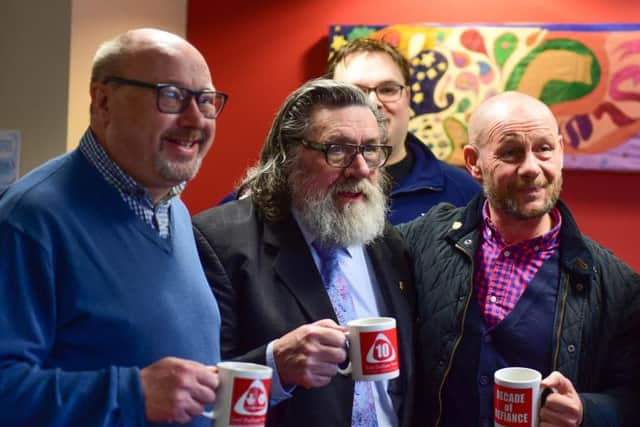 Actor Ricky Tomlinson (centre) with Easington MP Grahame Morris (left) and Dave McKenna (right) at the opening the new food bank extension at Community House, Yoden Road, Peterlee, on Saturday.