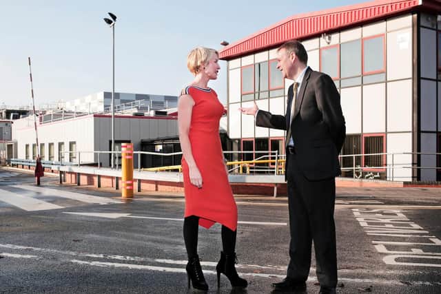 Heather Mills thanks Business Durhams Peter Rippingale for the organisations support with her new factory in Peterlee.