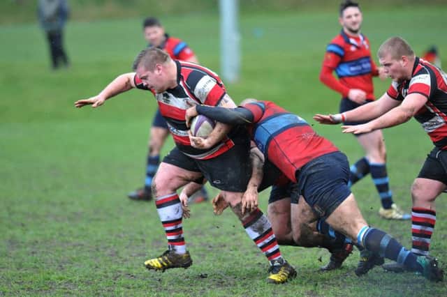 Durham and Northumberland Rugby between Gateshead RFC (red/blue) and Hartlepool Rovers, played Eastwood Gardens, Low Fell.