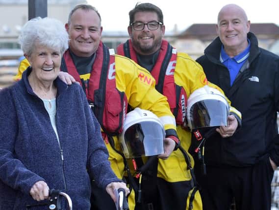 Cathy Constantine pictured with her son Alan and Hartlepool RNLI volunteer crew members Darren Killick and Andy Johnson