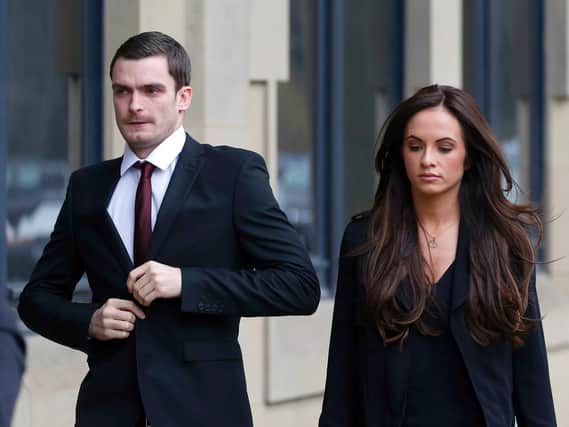 Adam Johnson arrives at court with then-partner Stacey Flounders during his trial. She has told how she had an abortion after he was arrested for sexual activity with a teenage fan. Pic: Owen Humphreys/PA Wire.