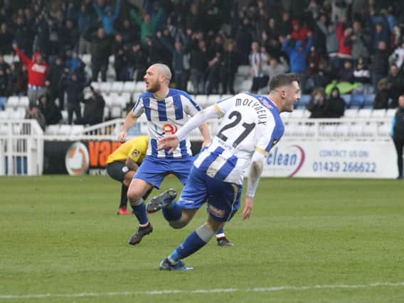 Luke Molyneux celebrates scoring his first goal for Hartlepool - a 91st minute winner against Dover on Saturday.