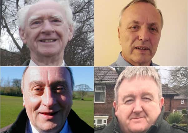 The candidates in the Wingate by-election are, clockwise from top left, Edwin Herbert Simpson (Liberal Democrat), John Robert Higgins (Labour), Gareth David Anthony Fry (The For Britain Movement), and Stephen Joseph Miles (North East Party).