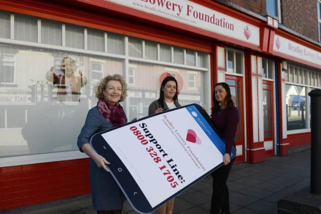 Sue Carey of Clic Sargent, Kirsty Pattison of Kalma Places Counselling, and Gemma Lowery at the launch of the Bradley Lowery support line
