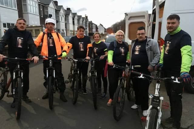 Charity cyclists who rode 197 miles from Edinburgh to Hartlepool in memory of town mum Vicky Aylett after arriving at Belle Vue Social Club.
From left: Mark Aylett, Jonathan Tunstall, Neil Joyce, Sam Hyslop, Ashley Jobling, Dave Coulson (driver) and Kyle Joyce.