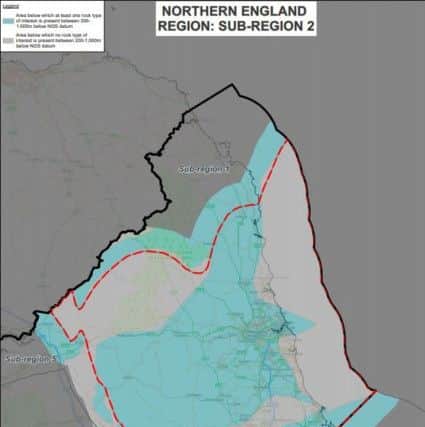 The areas of the Northern England subregion 2 where any of the three rock types of Interest are present between 200m and 1,000 m below National Geological Survey datum.